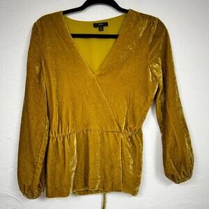 J Crew Mustard Yellow Velvet Faux Wrap Blouse Womens 4 Tie Waist Balloon Sleeve